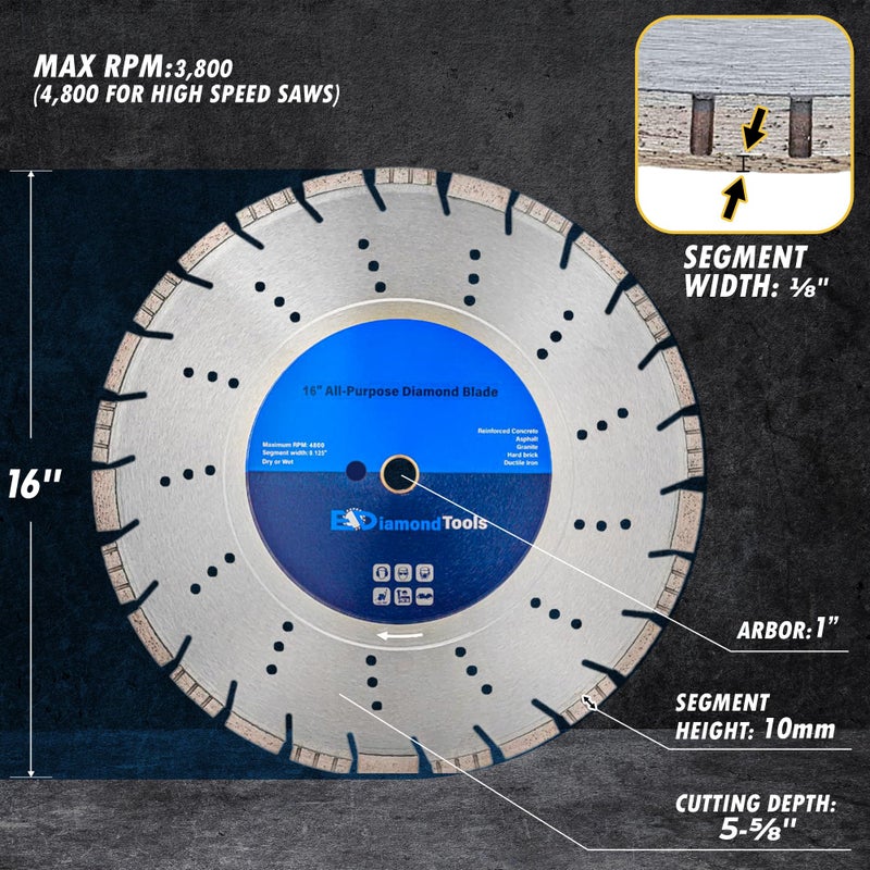 EDiamondTools 16" All Purpose Diamond Saw Blades for Hard/Reinforced Concrete, Asphalt, Granite, Terrazzo, Ductile Iron Piping, 5-5/8" Cutting Depth, 1" Arbor - Image 3